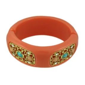 Coral Orange Acrylic with Gold Filigree Hinged Bangle - BGR301C