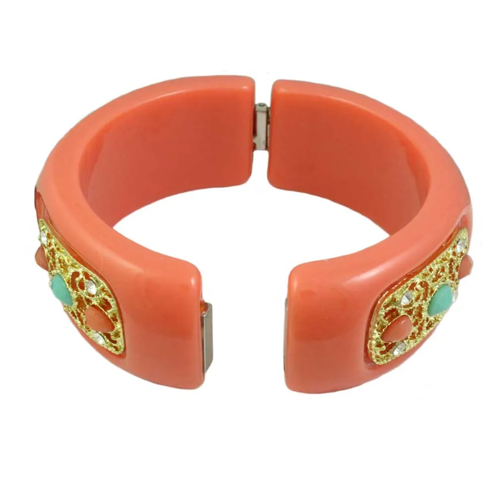 Coral Orange Acrylic with Gold Filigree Hinged Bangle - BGR301C