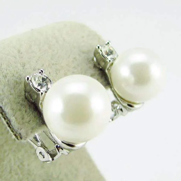 Crystal Accented Pearl Bead Clip-On Earrings In Yellow or White Gold