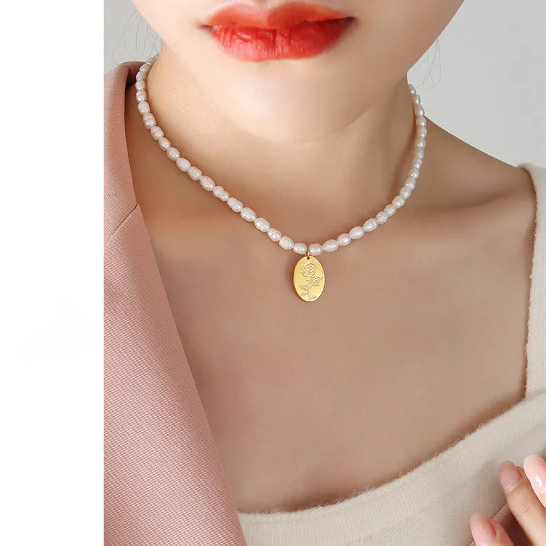 Debossed Rose Oval Pendant Freshwater Pearl Necklace