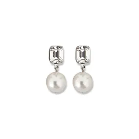 Emerald Cut Pearl Drop Earrings - Rhodium Plated