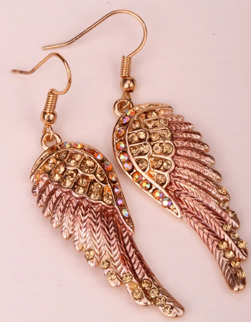 Fashion Angel wings dangle earrings antique gold silver plated W crystal women biker bling jewelry gifts