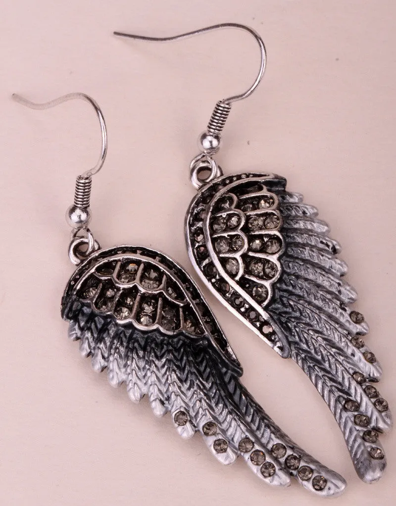 Fashion Angel wings dangle earrings antique gold silver plated W crystal women biker bling jewelry gifts