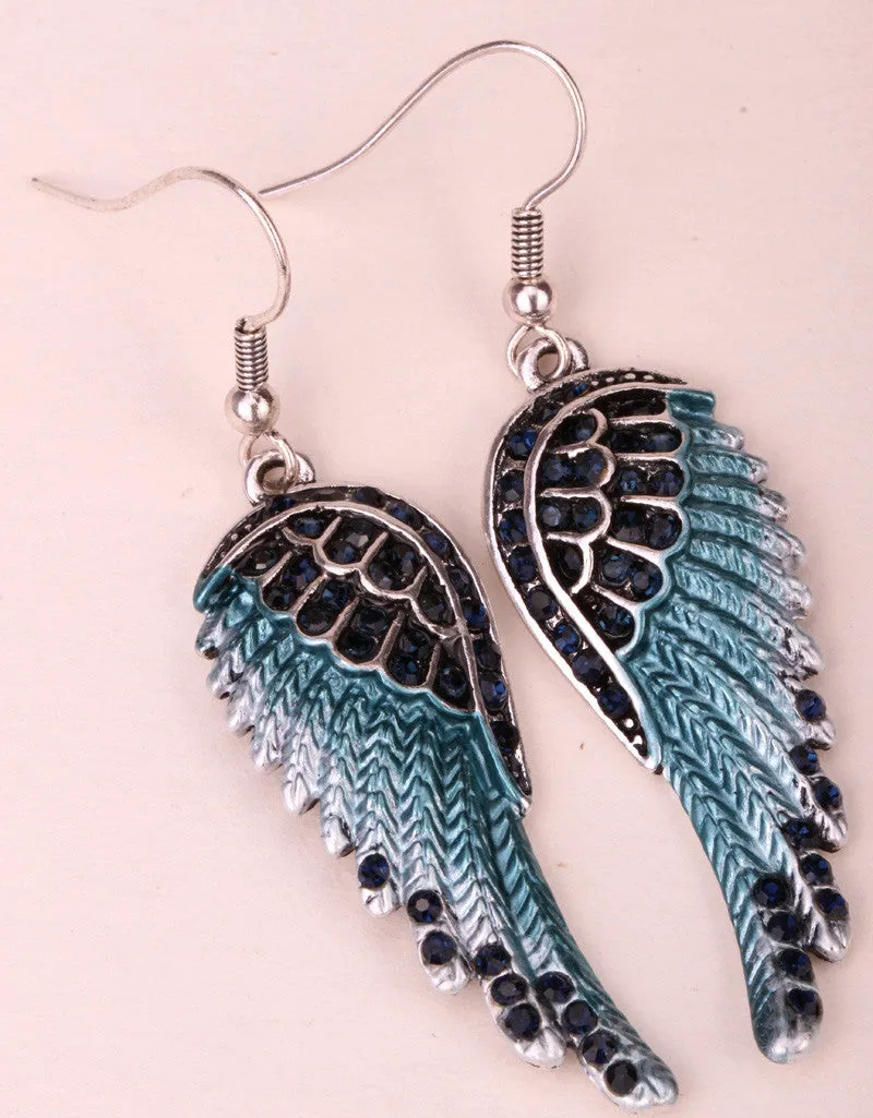 Fashion Angel wings dangle earrings antique gold silver plated W crystal women biker bling jewelry gifts