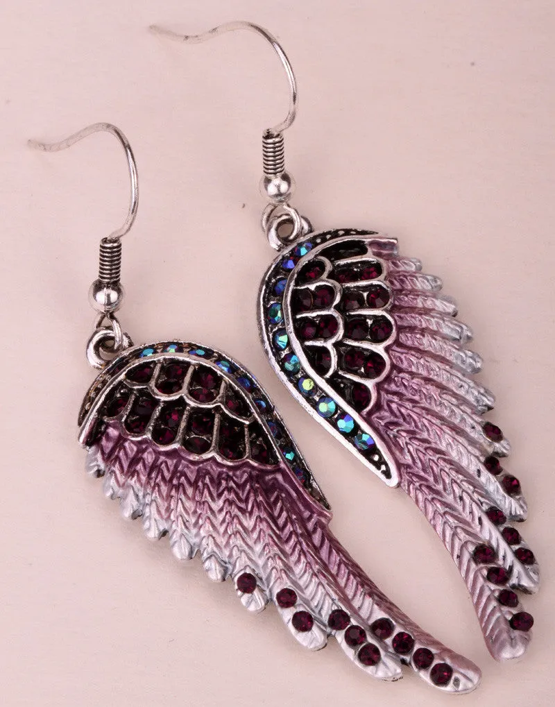 Fashion Angel wings dangle earrings antique gold silver plated W crystal women biker bling jewelry gifts