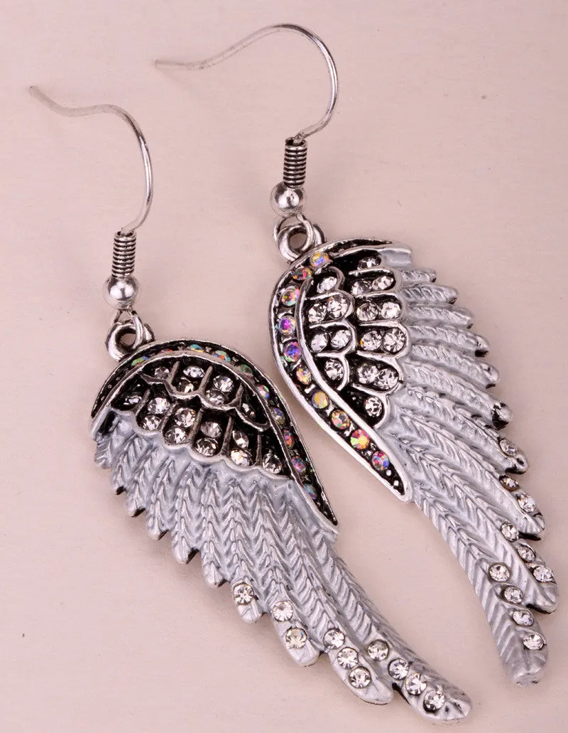 Fashion Angel wings dangle earrings antique gold silver plated W crystal women biker bling jewelry gifts