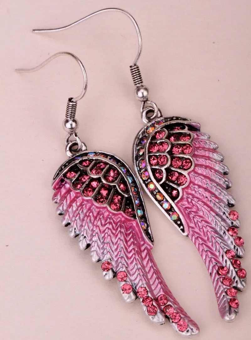 Fashion Angel wings dangle earrings antique gold silver plated W crystal women biker bling jewelry gifts