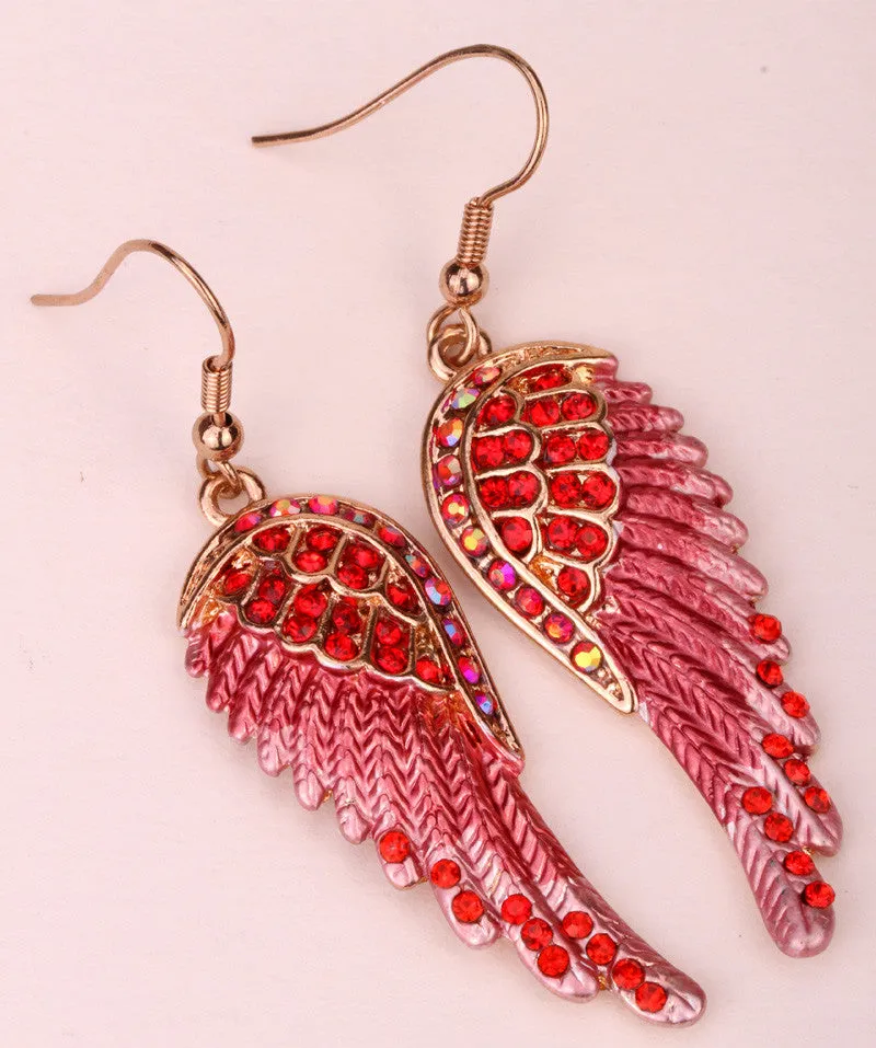 Fashion Angel wings dangle earrings antique gold silver plated W crystal women biker bling jewelry gifts