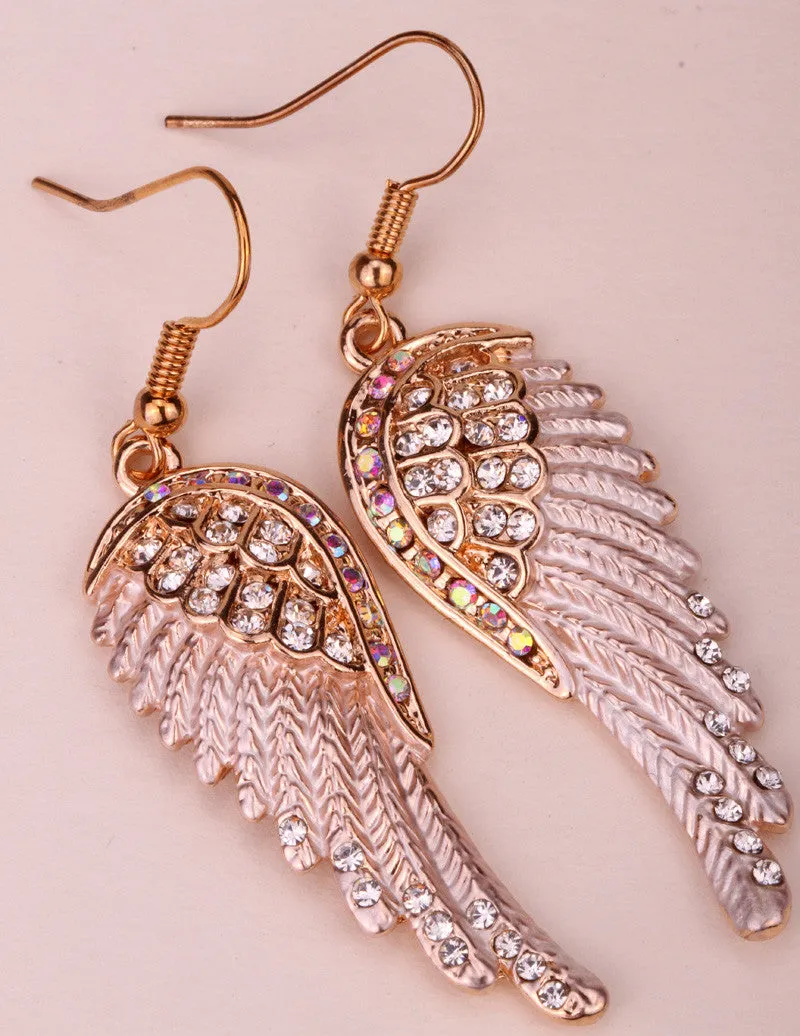 Fashion Angel wings dangle earrings antique gold silver plated W crystal women biker bling jewelry gifts