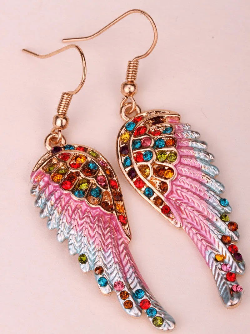 Fashion Angel wings dangle earrings antique gold silver plated W crystal women biker bling jewelry gifts