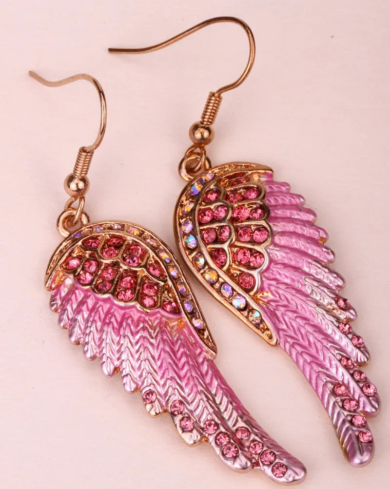 Fashion Angel wings dangle earrings antique gold silver plated W crystal women biker bling jewelry gifts