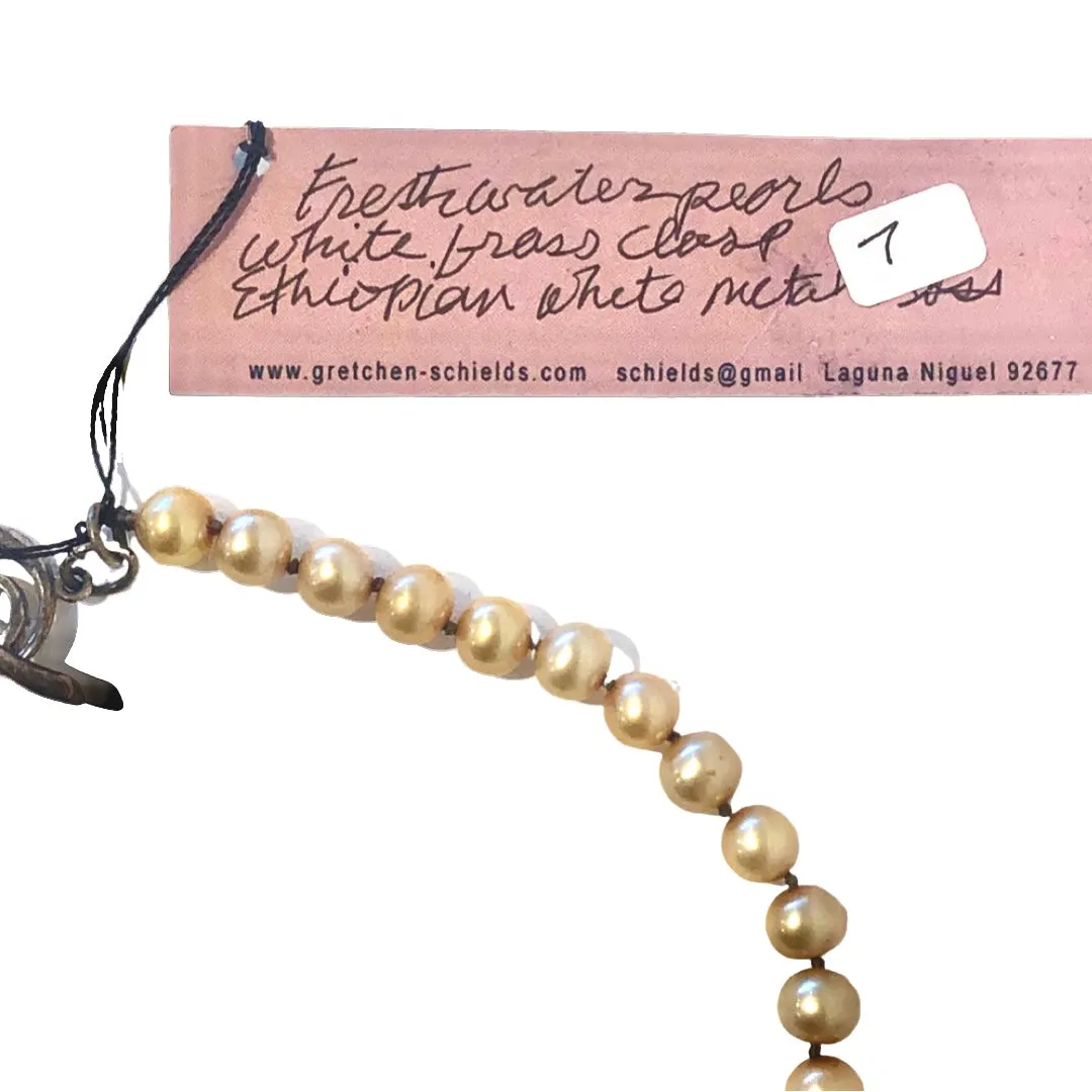 Freshwater Golden Potato Pearl Necklace with Ethiopian Cross