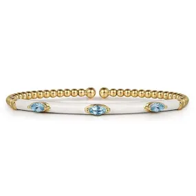 Gabriel & Co. White Enamel Bujukan Split Bangle with Blue Topaz in 14K Yellow Gold