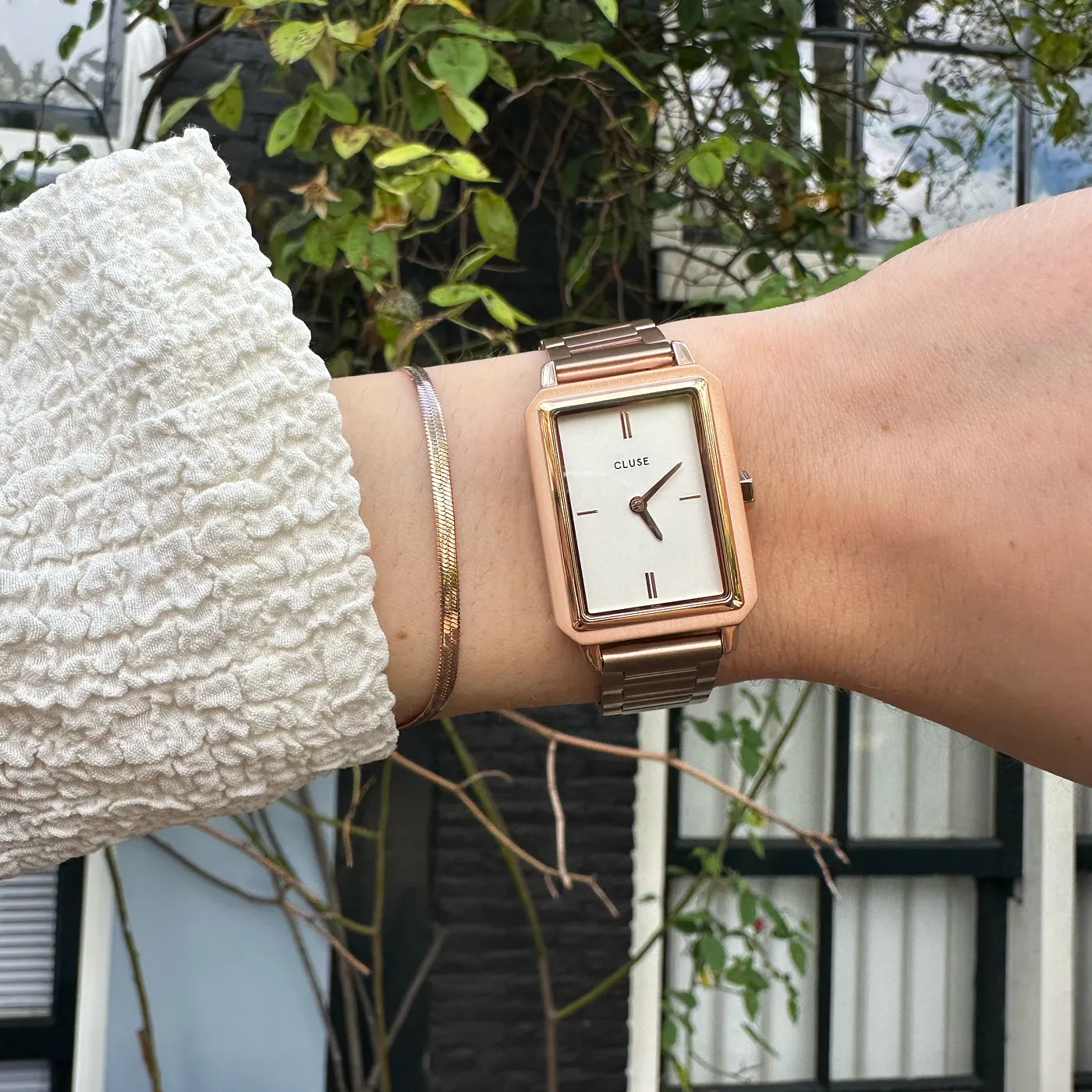 Gift Box Fluette Steel White Watch and Snake Chain Bracelet, Rose Gold Colour