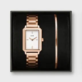 Gift Box Fluette Steel White Watch and Snake Chain Bracelet, Rose Gold Colour