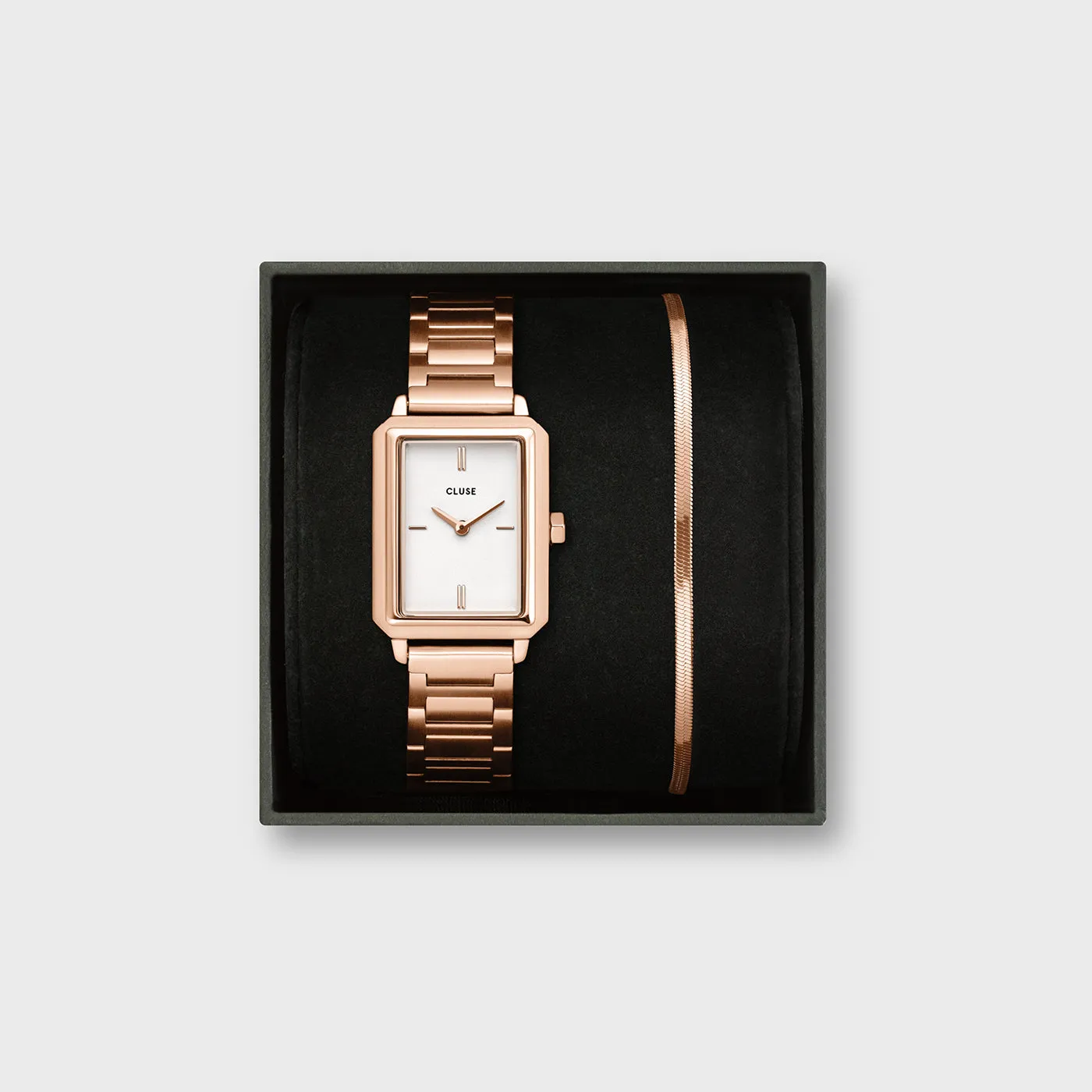 Gift Box Fluette Steel White Watch and Snake Chain Bracelet, Rose Gold Colour