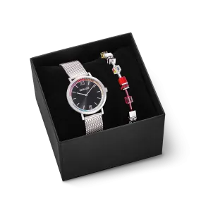 Gift Set Watch Round Sparkling Rainbow Sunray Black & GeoCUBE® Iconic bracelet red-green