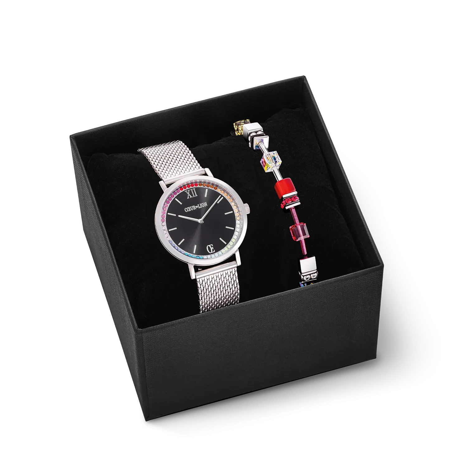 Gift Set Watch Round Sparkling Rainbow Sunray Black & GeoCUBE® Iconic bracelet red-green