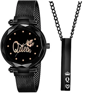 Girls Analog Magnet Strip Watch With Queen Chain Pendant Combo For Women