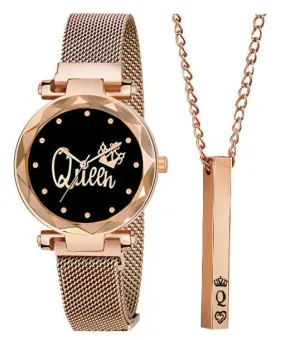 Girls Magnet Strip Queen Dial Analog Watch With Rose Gold Chain Pendant Combo