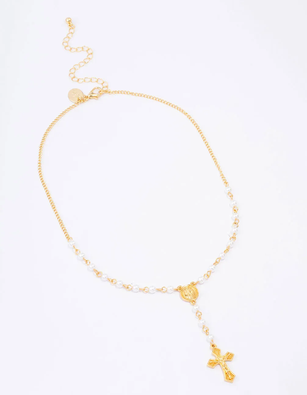 Gold Plated Pearl Cross Y-Shaped Pendant Necklace