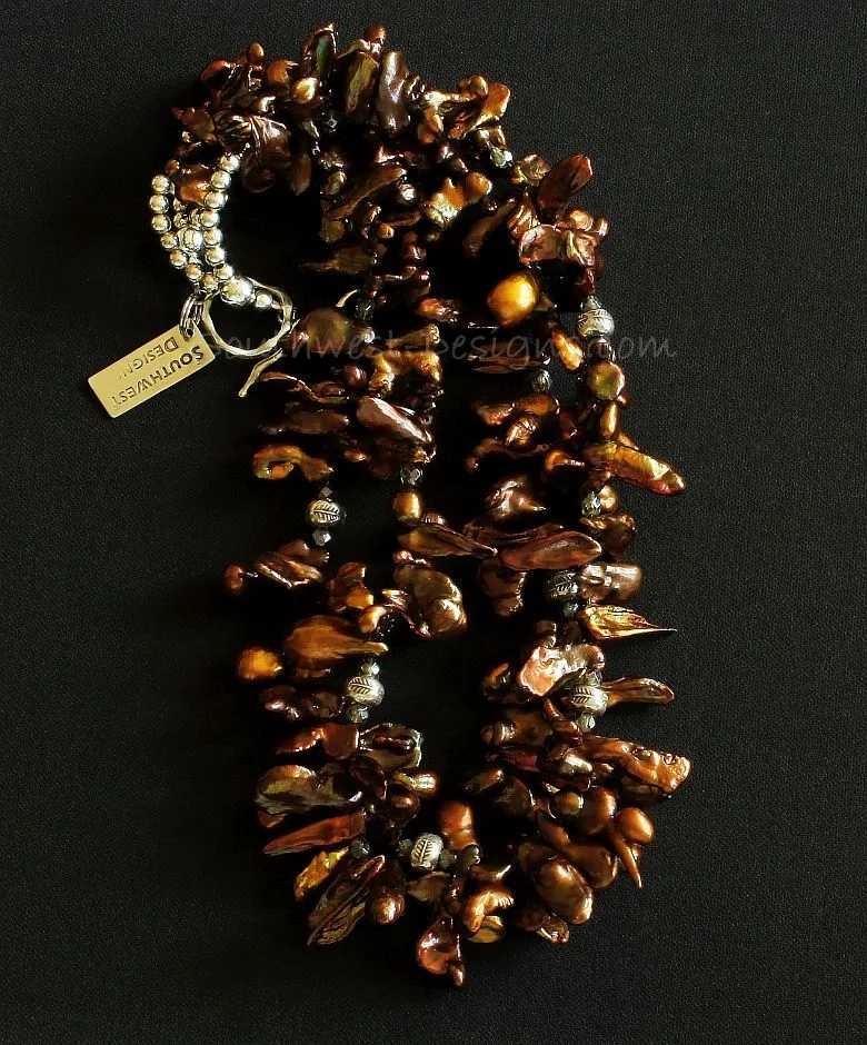 Golden-Bronze Keshi Pearl 2-Strand Necklace with Fire Polished Glass, Sterling Silver Feather-Print Rondelles, and Sterling Rounds & Toggle Clasp