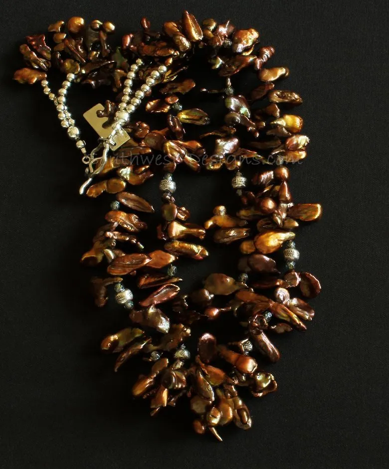 Golden-Bronze Keshi Pearl 2-Strand Necklace with Fire Polished Glass, Sterling Silver Feather-Print Rondelles, and Sterling Rounds & Toggle Clasp