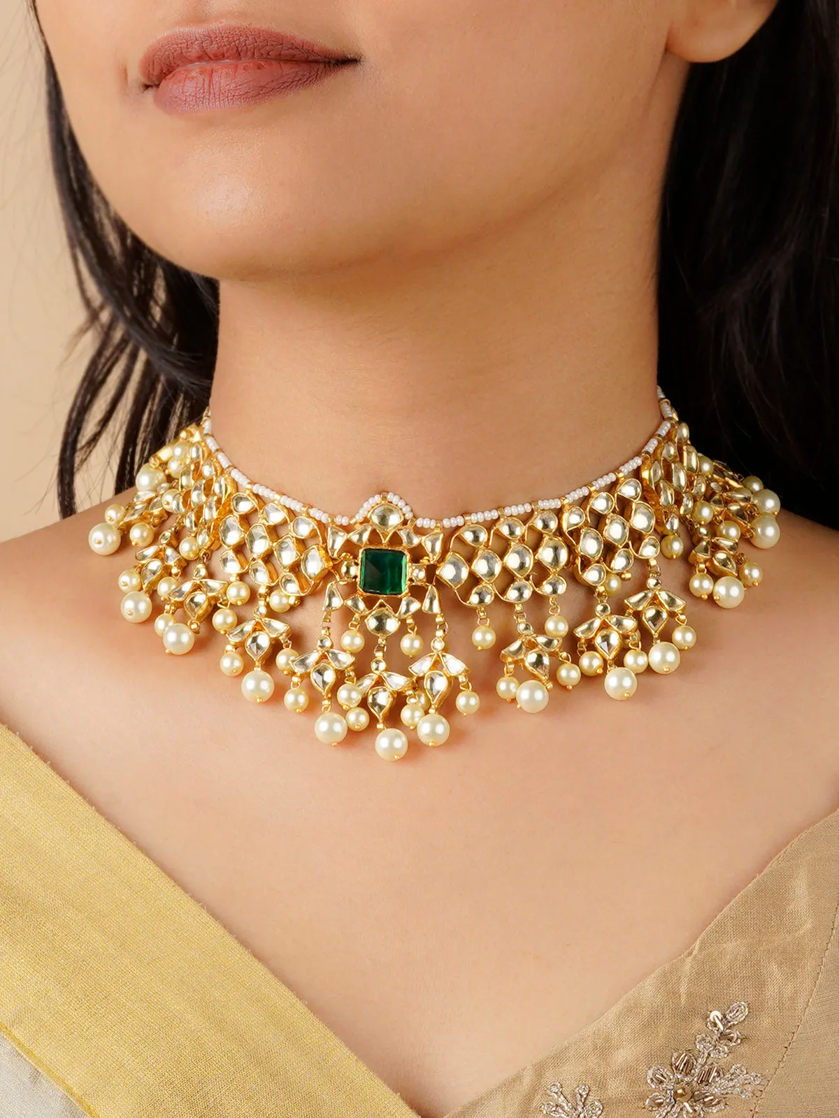 Green Color Gold Plated Jadau Kundan Necklace - MN406YGR