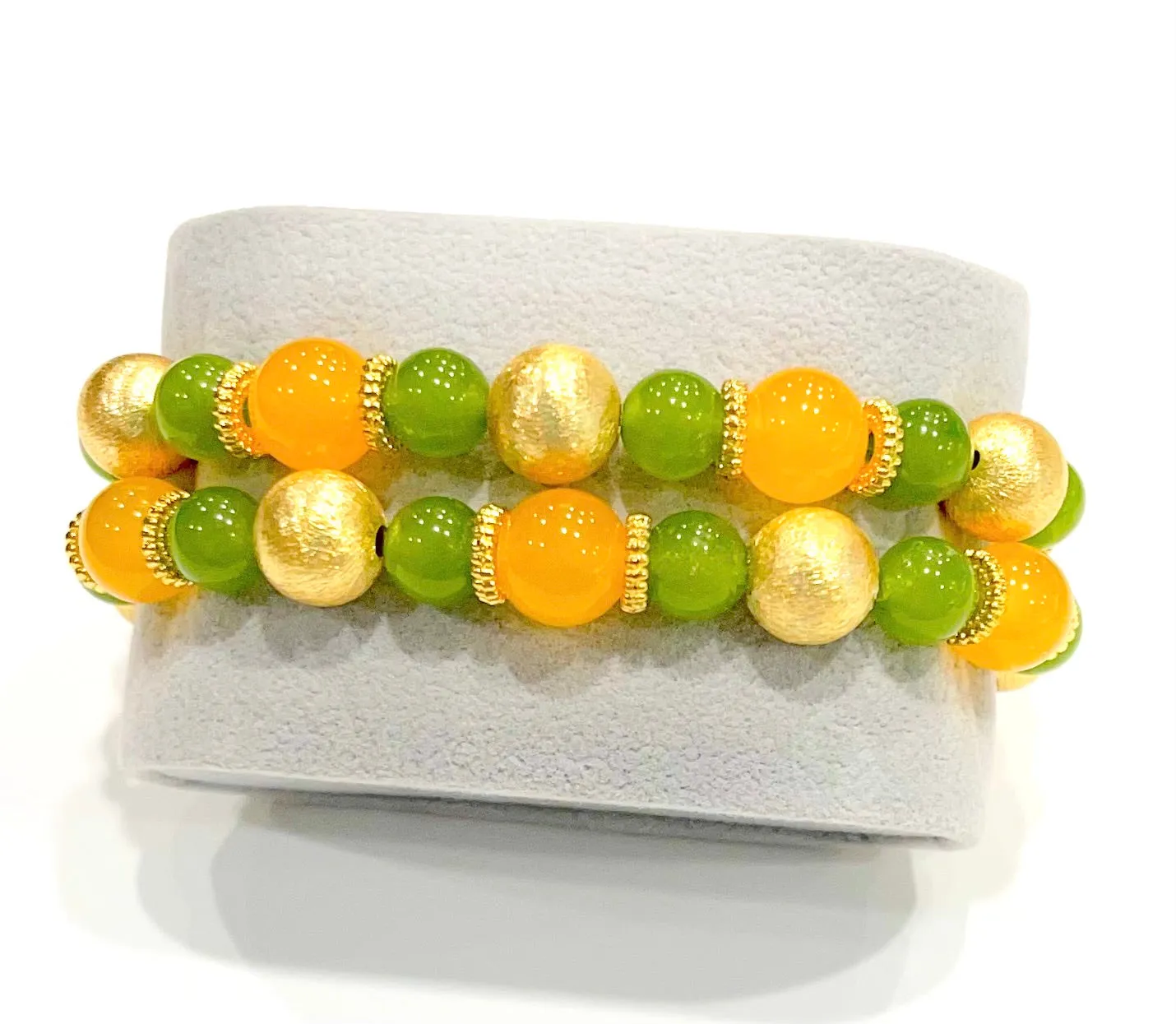 Green Jade and Yellow Onyx Gemstone Bracelet Stack