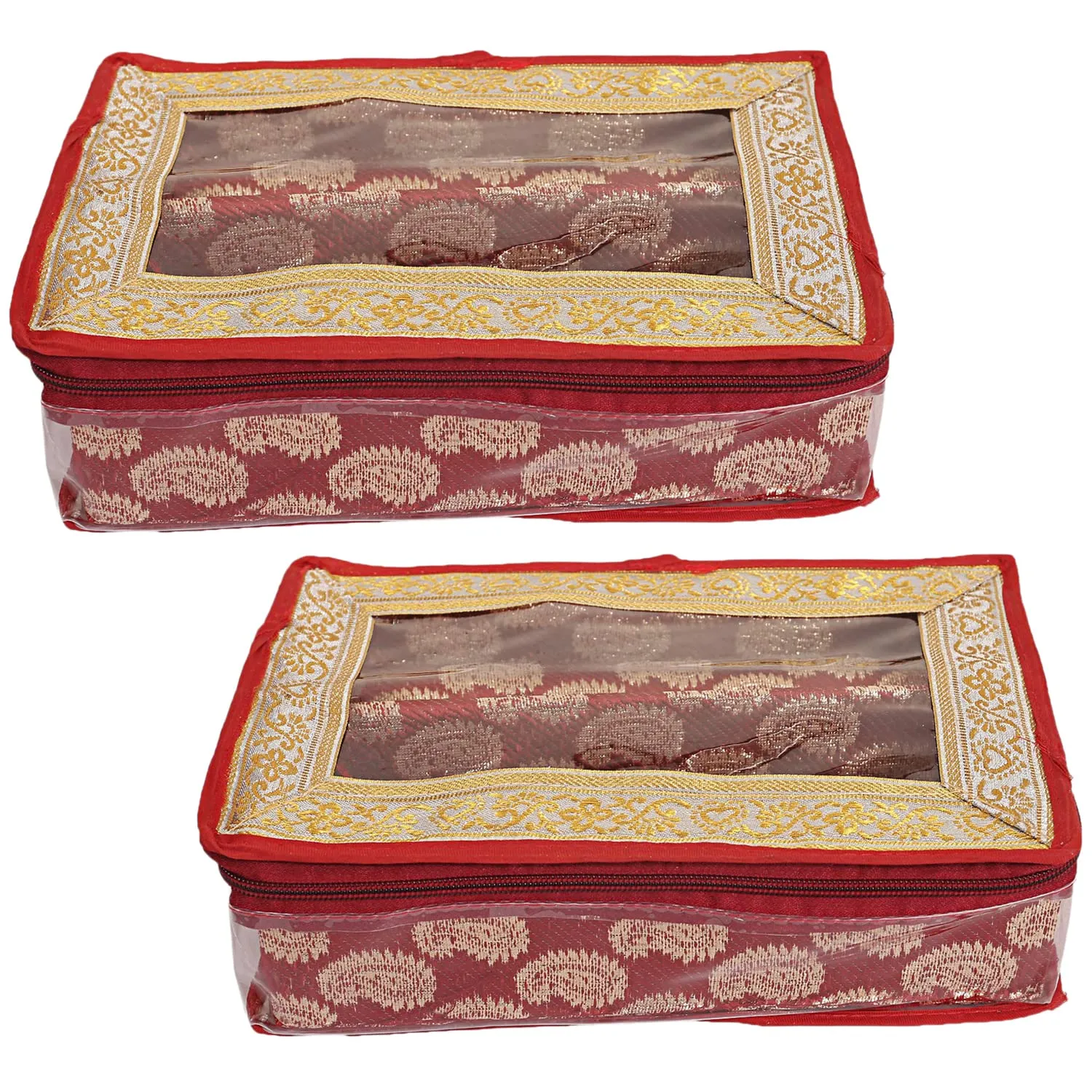 Heart Home Multipurpose Teardrop Pattern Laminated 2 Rod Bangle Box/Organizer/Case With Tranasparent Top - Pack of 2 (Red)-47HH0487