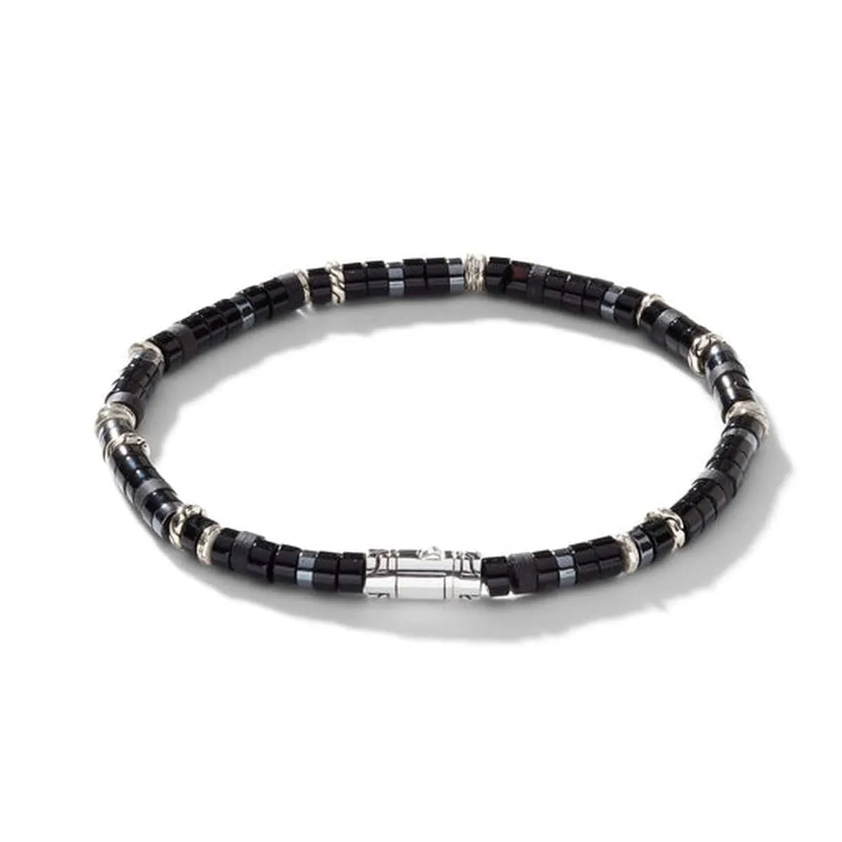 Heishi Silver Bracelet with 4mm Treated Black Onyx and Hematite Beads - BUS900698BONHE