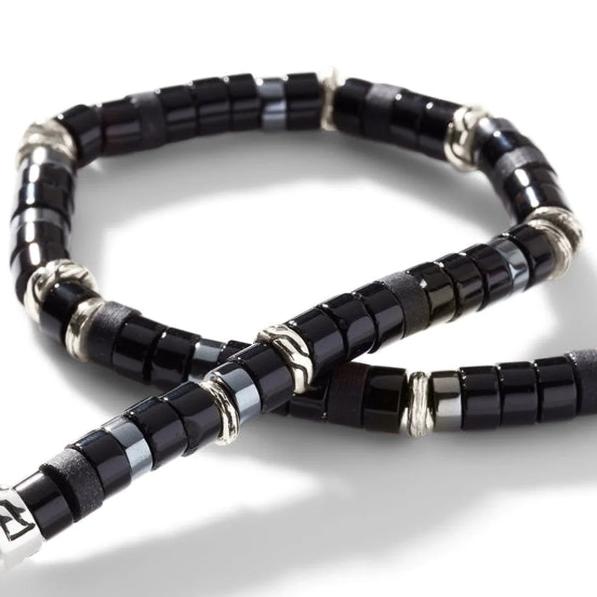 Heishi Silver Bracelet with 4mm Treated Black Onyx and Hematite Beads - BUS900698BONHE