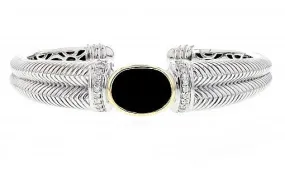 Italian Sterling Silver Bangle Bracelet with black onyx center stone, 0.33ct diamonds and 14K solid yellow gold accents