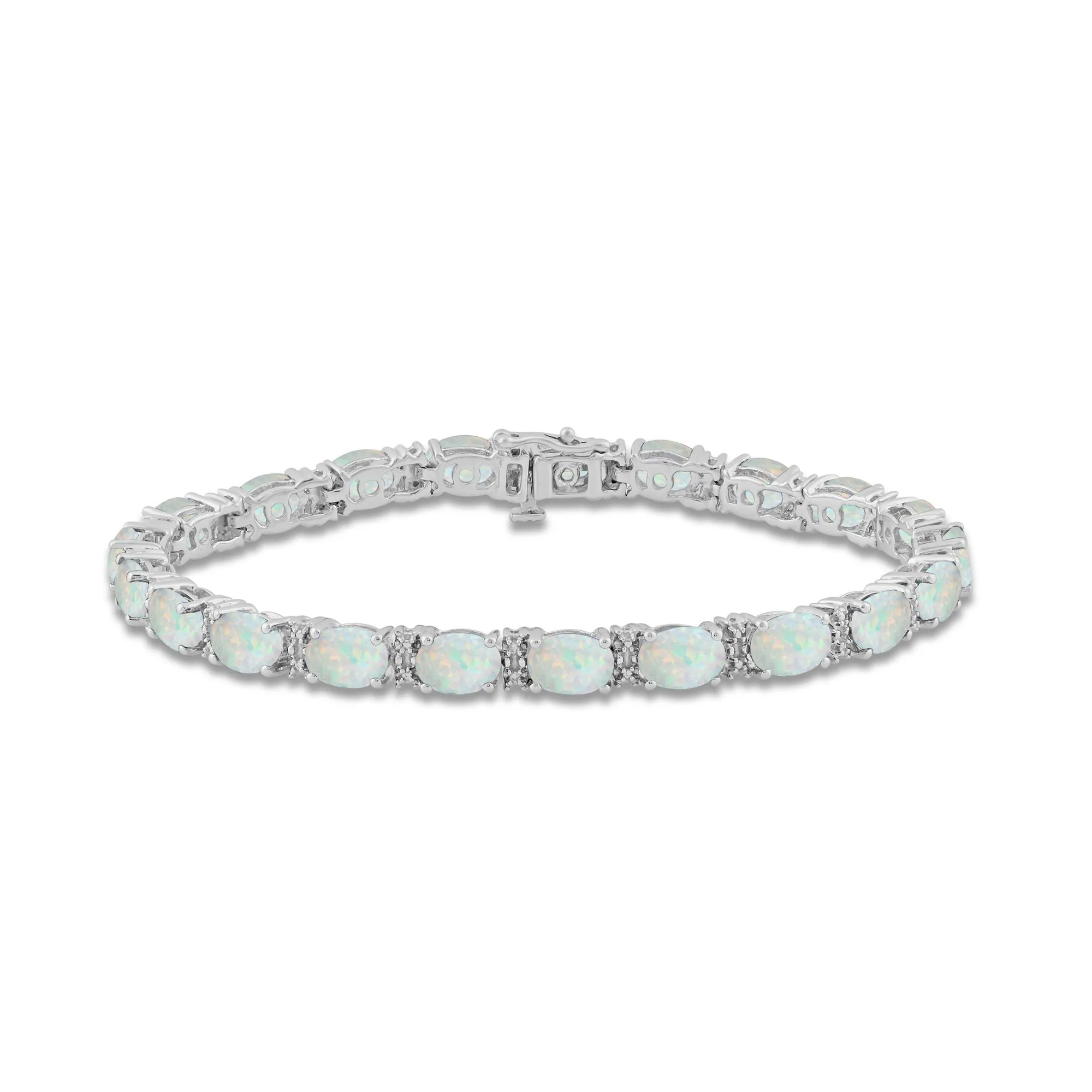 Jewelili Sterling Silver Created Opal and Natural White Round Diamonds Tennis Bracelet