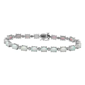 Jewelili Sterling Silver Oval Created Opal and Round Cubic Zirconia Link Bracelet, 7.5"