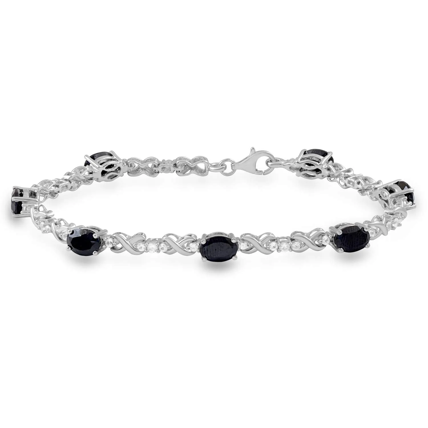 Jewelili Sterling Silver With Black Onyx and Created White Sapphire Bracelet, 7.25"