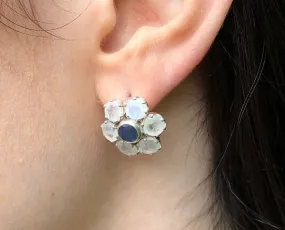 Large Daisy Studs - Genuine Sapphire Moonstone Earrings - White Blue Flower Earrings