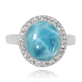 Larimar  Cocktail Ring with 30 Round Shape White Topaz Stones