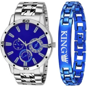 Men Steel Chain Blue Dial Analog Watch With King Blue Bracelet Combo