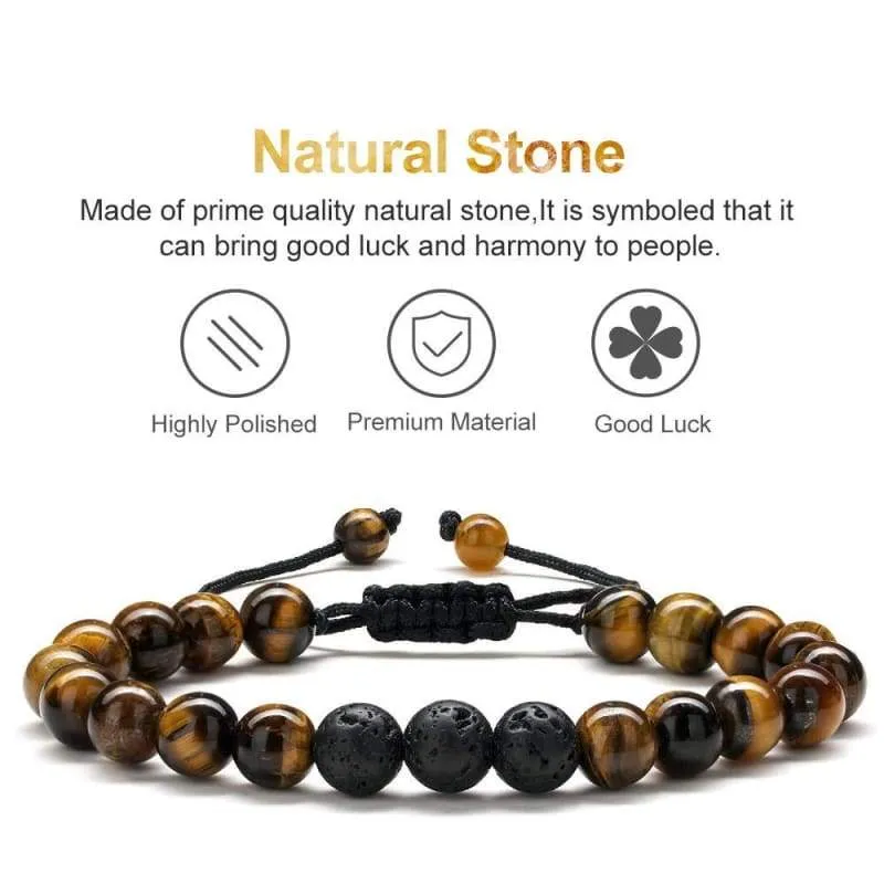 Men's Beads Bracelet Healing - 8mm Natural Tiger's Eye Stone Beads Bracelet  with Braided Cord Matte Agate Onyx Yoga Essential Oils Anxiety Bracelets Birthday for Men