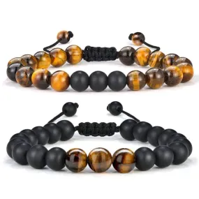 Men's Beads Bracelet Healing - 8mm Natural Tiger's Eye Stone Beads Bracelet  with Braided Cord Matte Agate Onyx Yoga Essential Oils Anxiety Bracelets Birthday for Men