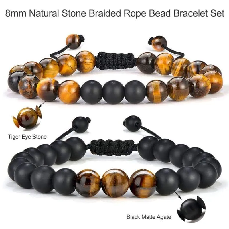 Men's Beads Bracelet Healing - 8mm Natural Tiger's Eye Stone Beads Bracelet  with Braided Cord Matte Agate Onyx Yoga Essential Oils Anxiety Bracelets Birthday for Men