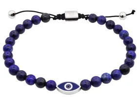 Mens Genuine Lapis Lazuli 6mm Bead Stainless Steel Drawstring Evil Eye Bracelet