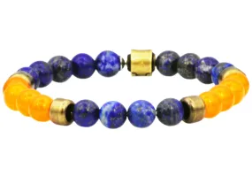 Mens Genuine Lapis Lazuli And Orange Carnelian Gold Stainless Steel Beaded Bracelet