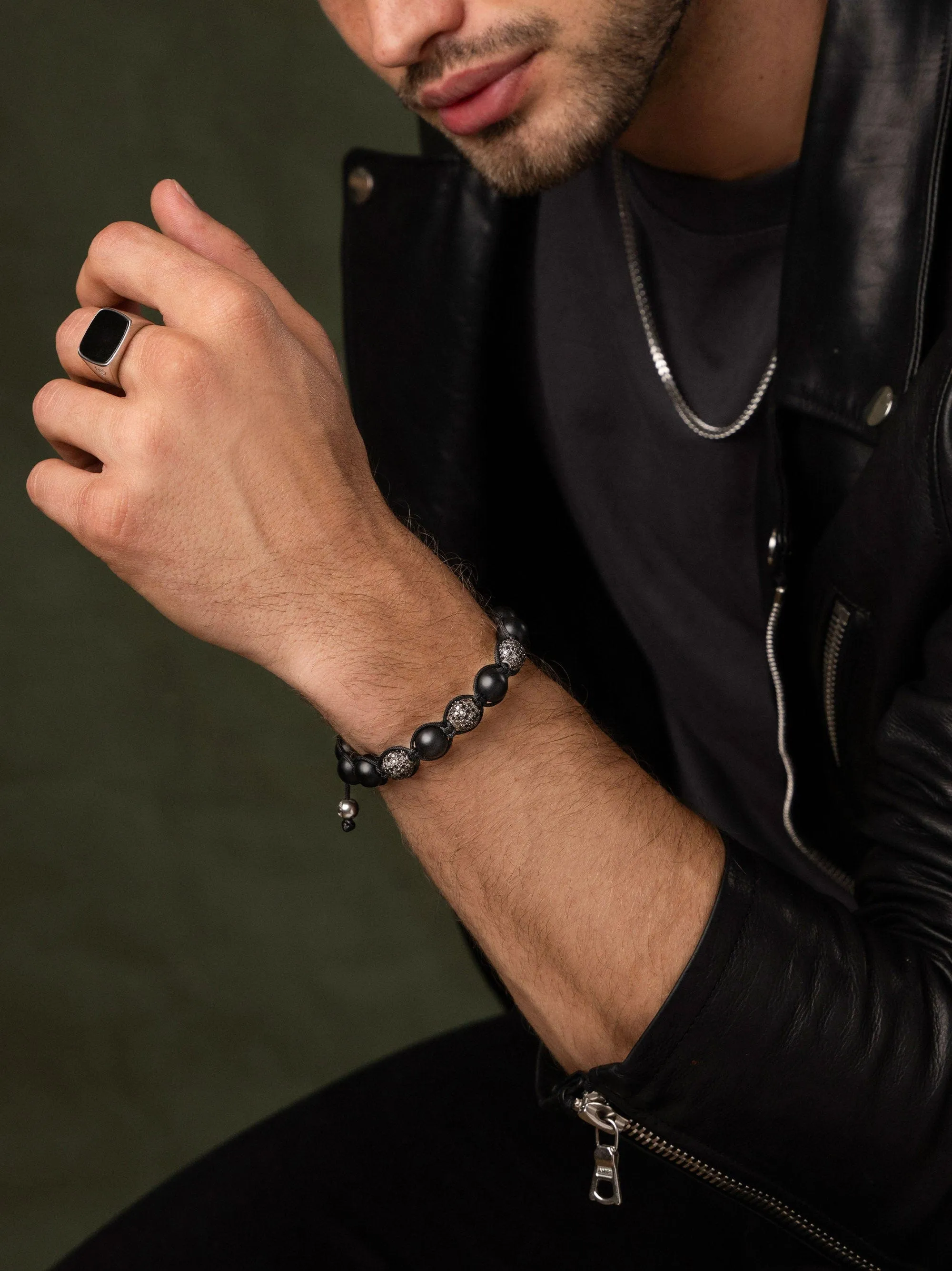 Men's Trio Black Diamond Beaded Bracelet with Matte Onyx and Sterling Silver