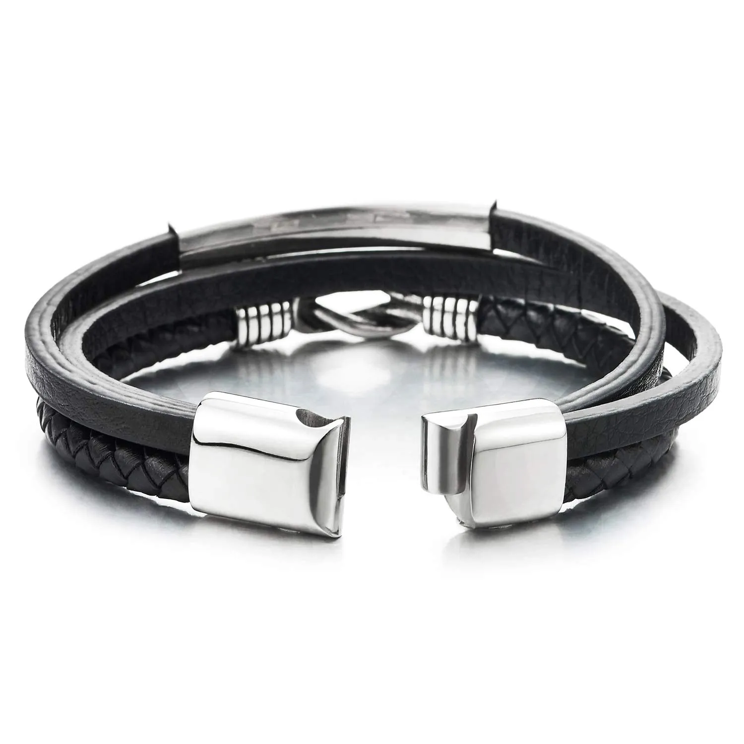 Mens Women Three-Strand ID Identification Black Leather Bracelet Bangle with Steel Love Knot Charm