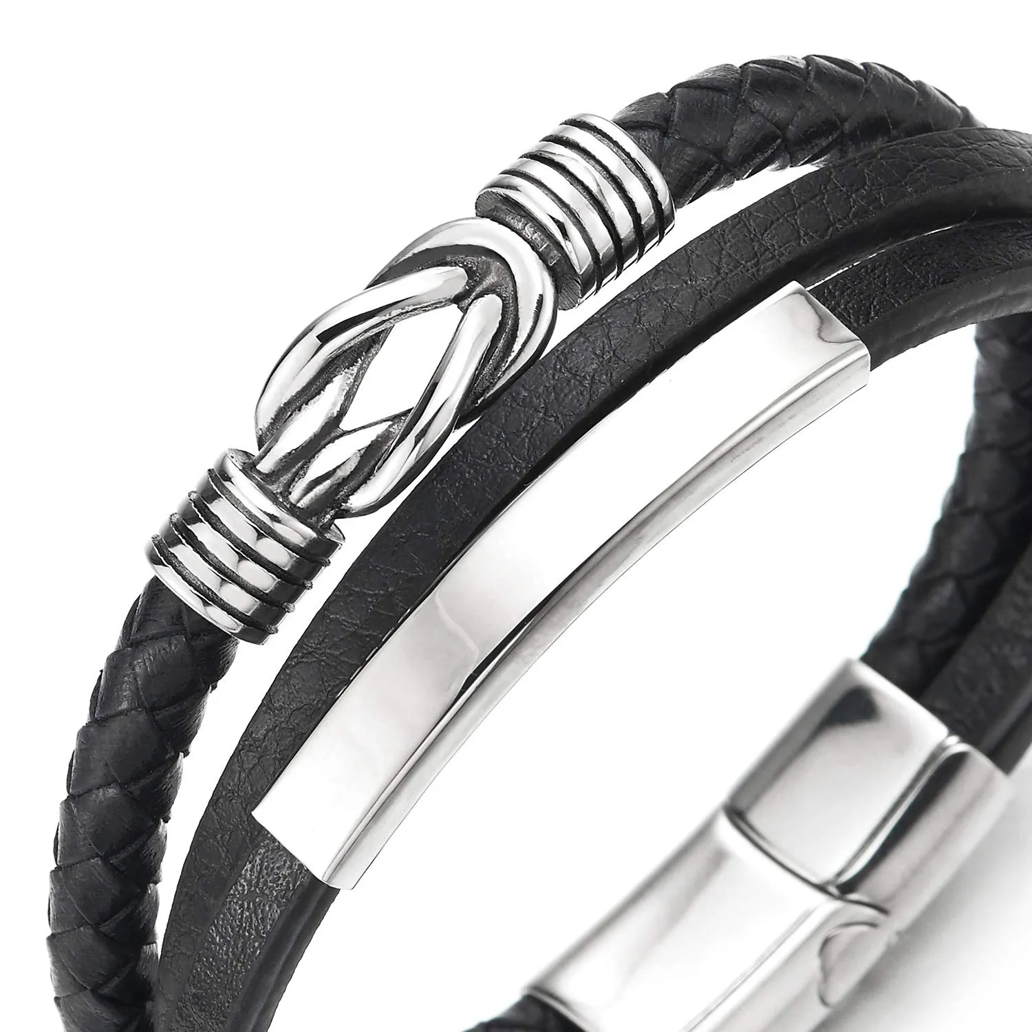 Mens Women Three-Strand ID Identification Black Leather Bracelet Bangle with Steel Love Knot Charm