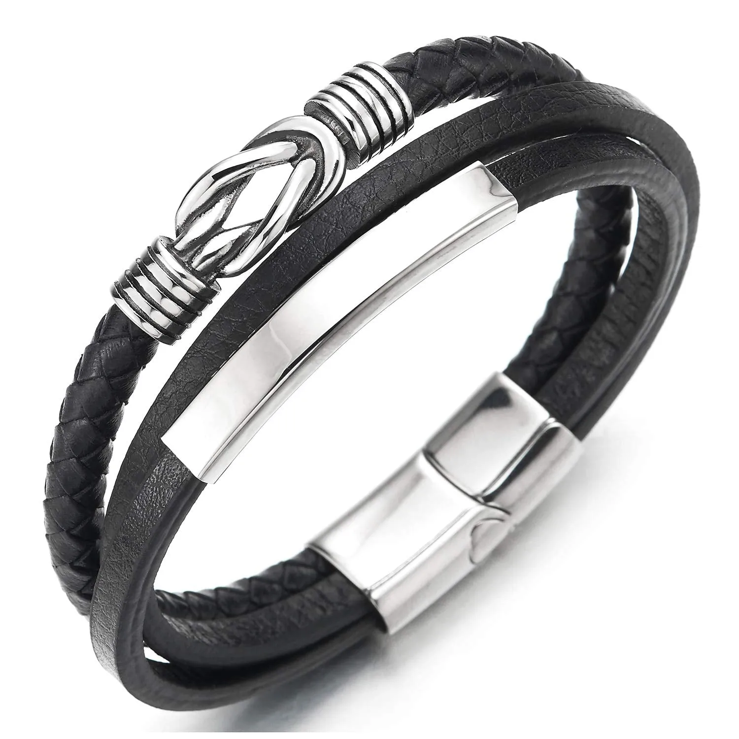 Mens Women Three-Strand ID Identification Black Leather Bracelet Bangle with Steel Love Knot Charm