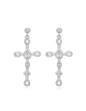 Mini Bezel Stone Cross Studs- Silver