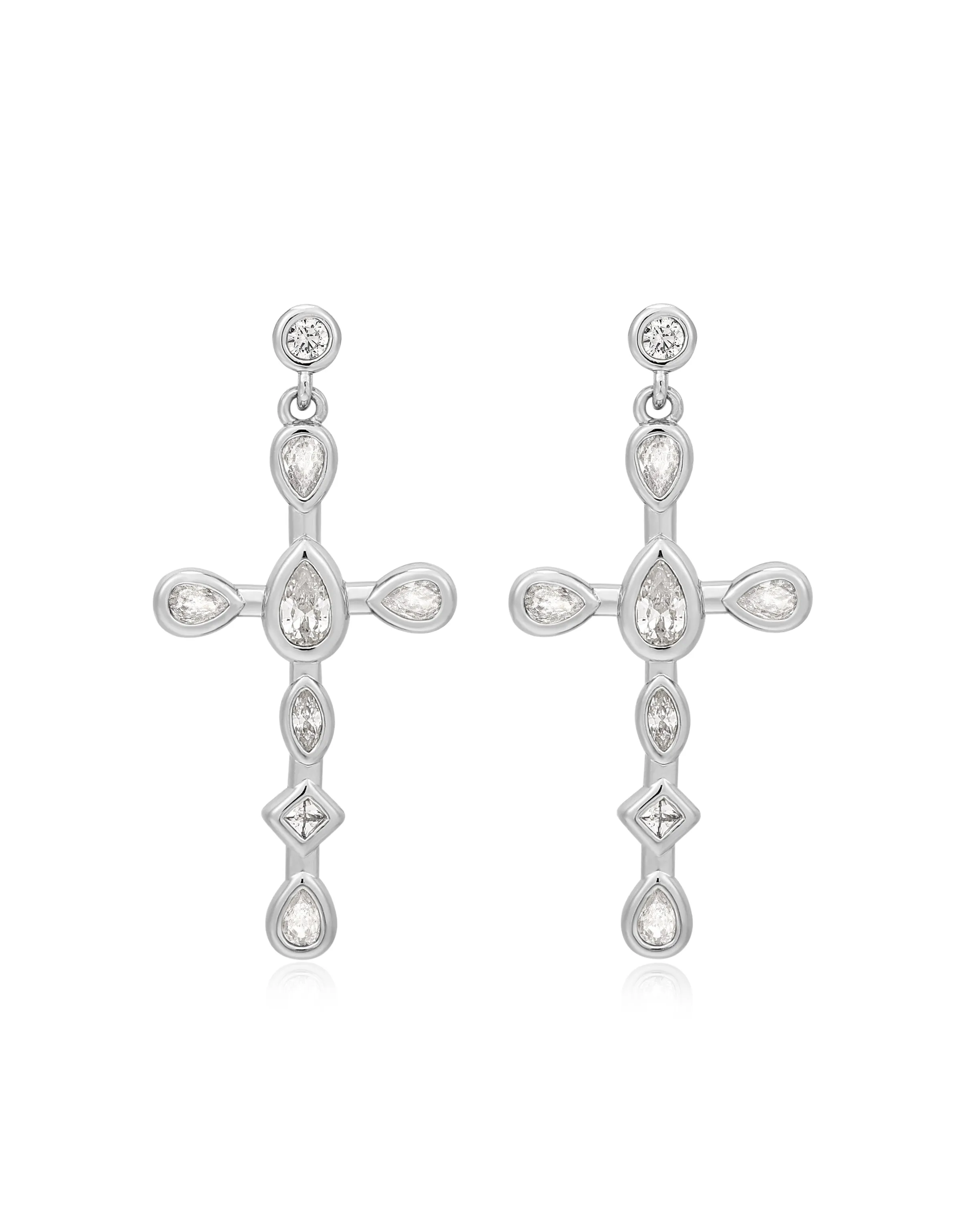 Mini Bezel Stone Cross Studs- Silver